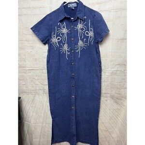 90s Denim Embroidered Dress - Whispers - Small Cottagecore
